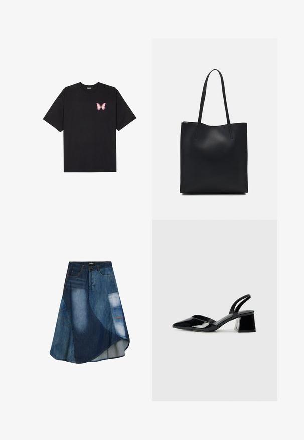 Zwarte katoenen t-shirt met korte mouwen, voorzien van een kleine roze vlinder graphic op de linkerkant van de borst. Crew neck ontwerp met een relaxte fit.; Denimrok met een mix van blauwe wassingen, een uitlopende ontwerp, een schuin zoom, sluiting met knopen aan de voorkant en details van utility zakken.; Zwarte gepatineerde leren slingback hakken met een spitse neus en een geometrische blokhak. Kenmerkt zich door een slank, minimalistisch ontwerp en een gladde textuur.; Zwarte leren handtas met een gladde textuur, rechthoekige vorm en twee lange handvaten. Geen zichtbare hardware of versieringen.