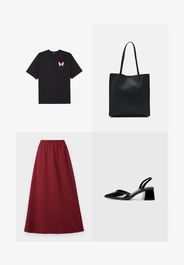 Černé bavlněné tričko s krátkým rukávem, na levém prsou s malou grafikou růžové motýlky. Design s kruhovým výstřihem a volným střihem.; Burgundská maxi sukně s elastickým pasem, vyrobená z hladké, splývavé tkaniny a s jednoduchým, nezdobeným designem.; Černé lakované kožené lodičky na pásku s špičatou špičkou a geometrickým blokovým podpatkem. Vyznačují se elegantním, minimalistickým designem a hladkým povrchem.; Černá kožená taška přes rameno s hladkým povrchem, obdélníkovým tvarem a dvěma dlouhými uchy. Žádné viditelné kování ani ozdoby.