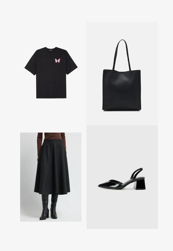 Black cotton t-shirt with short sleeves, featuring a small pink butterfly graphic on the left chest. Crew neck design with a relaxed fit.; Black A-line skirt made of textured fabric, featuring a high waist and pleats, paired with knee-high black leather boots.; Black patent leather slingback heels with a pointed toe and a geometric block heel. Features a sleek, minimal design and smooth texture.; Black leather tote bag with smooth texture, rectangular shape, and two long handles. No visible hardware or embellishments.