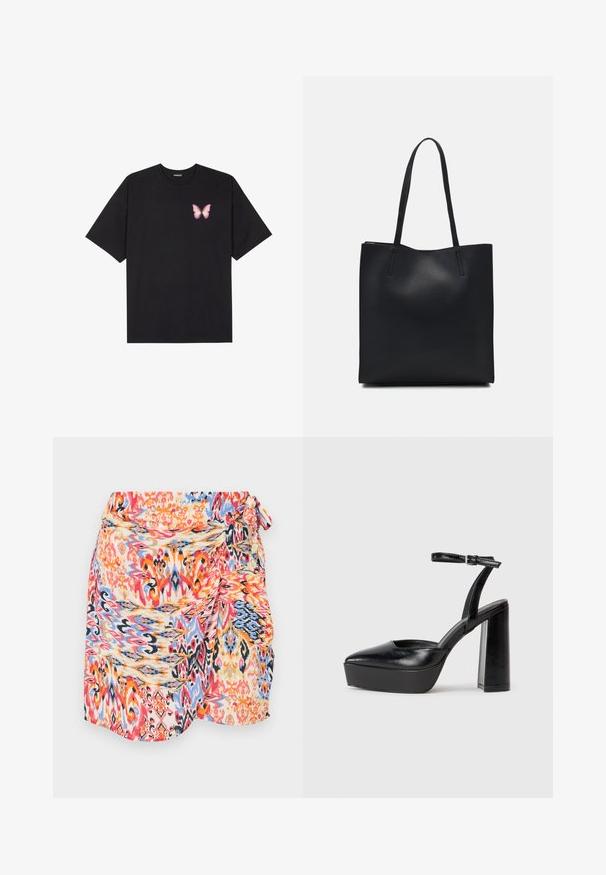 Black cotton t-shirt with short sleeves, featuring a small pink butterfly graphic on the left chest. Crew neck design with a relaxed fit.; Colorful, patterned wrap skirt featuring swirling designs in red, blue, orange, and yellow with a side tie and soft, lightweight fabric.; Black platform heels with a pointed toe and adjustable ankle strap. Constructed from smooth leather, featuring a chunky block heel.; Black leather tote bag with smooth texture, rectangular shape, and two long handles. No visible hardware or embellishments.