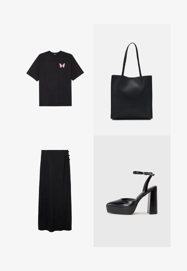 Black cotton t-shirt with short sleeves, featuring a small pink butterfly graphic on the left chest. Crew neck design with a relaxed fit.; Black maxi skirt with a smooth texture, featuring a side fastening with three looped accents for added detail. Floor-length design.; Black platform heels with a pointed toe and adjustable ankle strap. Constructed from smooth leather, featuring a chunky block heel.; Black leather tote bag with smooth texture, rectangular shape, and two long handles. No visible hardware or embellishments.