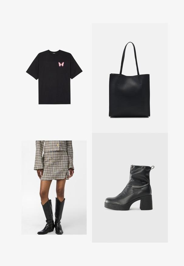 Fekete pamut póló rövid ujjakkal, bal mellkason egy kis rózsaszín pillangó grafikával. Kerek nyakú kialakítás, laza fazonnal.; Tweed miniszoknya színes mintával, oldalsó hasítékkal és egy hozzáillő rövid dzsekivel. Térdig érő fekete bőrcipőkkel párosítva.; Fekete bokacsizmák sima bőrből, oldalsó cipzárral, vastag, texturált sarkú és lekerekített orrú dizájnnal.; Fekete bőrtáska sima felszínnel, téglalap alakú, két hosszú füllel. Nincs látható fémkiegészítő vagy díszítés.