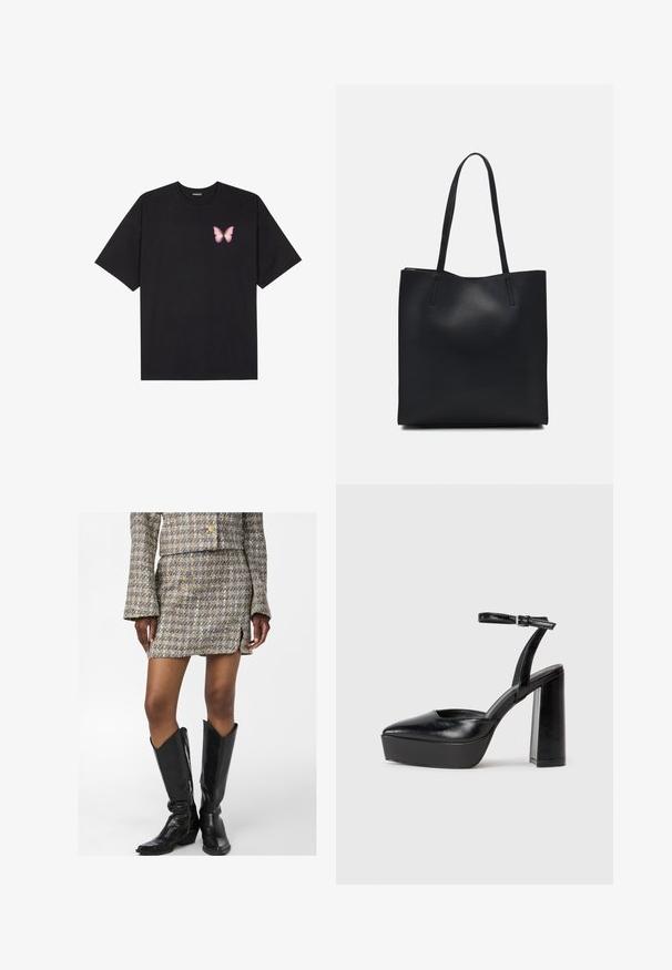 Tricou negru din bumbac cu mâneci scurte, având pe partea stângă a pieptului un mic grafic cu un fluture roz. Design cu guler rotund și croială lejeră.; Fustă mini din tweed cu un model multicolor, slit pe lateral și o jachetă scurtă asortată. Asortată cu botine negre din piele până la genunchi.; Pantofi cu toc platformă negri, cu vârful ascuțit și curea reglabilă la gleznă. Confecționați din piele netedă, având un toc gros.; Geantă tote neagră din piele, cu textură netedă, formă rectangulară și două mânere lungi. Fără hardware vizibil sau ornamente.
