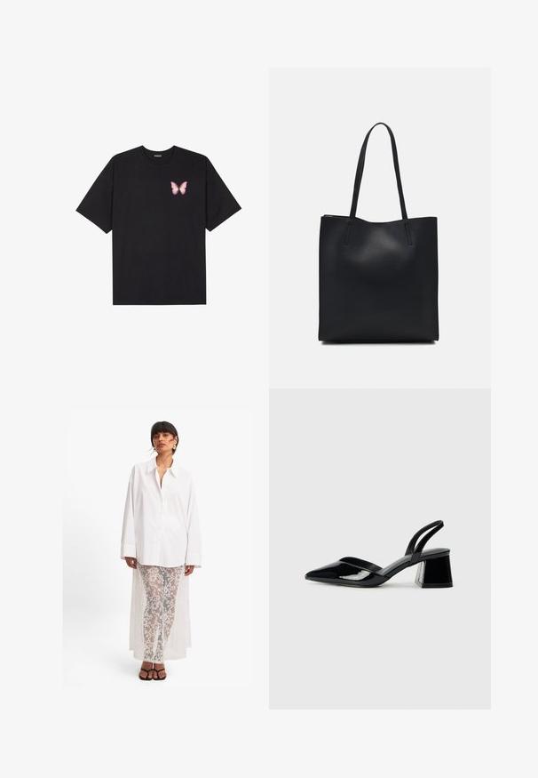 Must muströöpidega must puuvillane T-särk, vasakul rinnal on väike roosa liblikas. Ümar kaelus ja vabalt istuv lõige.; Valge pikkade varrukatega särgiga koos õhukeste valgete pitspükstega, millel on lillemuster ja pikk tagumine katteriie. Mustad sandaalid.; Mustad musta lakknahk kingad, millel on terav varvas ja geomeetriline plokkkonts. Omab elegantselt minimalistlikku disaini ja sujuvat tekstuuri.; Mustast nahast kott sujuva tekstuuriga, ristkülikukujuline ja kahe pika sangaga. Pole nähtavat riistvara ega kaunistusi.