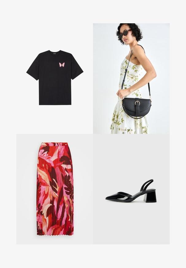 Must muströöpidega must puuvillane T-särk, vasakul rinnal on väike roosa liblikas. Ümar kaelus ja vabalt istuv lõige.; Pliiatsk tugev maksiseelik, millel on elav lillemuster punaste, roosade ja kreemjate toonidega; valmistatud kergest kangast, millel on elastne vöökoht.; Mustad musta lakknahk kingad, millel on terav varvas ja geomeetriline plokkkonts. Omab elegantselt minimalistlikku disaini ja sujuvat tekstuuri.; Mustmust mustraha kõverate joontega, eemaldatava rihmaga ja kuldsete detailidega. Kotil on klapp, millel on pandladetail.