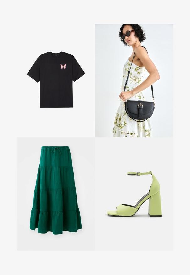 Sort bomulds T-shirt med korte ærmer, prydet med en lille pink sommerfugl grafik på venstre bryst. Rund hals design med en afslappet pasform.; Grøn, lagdelt maxiskirt lavet af letvægtsstof. Med en drawstring talje og flagrende rynker i bunden. Blød tekstur.; Even&Odd Højhælede sandaletter / Højhælede sandaler - light green; Sort læderhåndtaske med en buet form, aftagelig rem og guldfinish. Tasken har en klap med en spænde detalje.