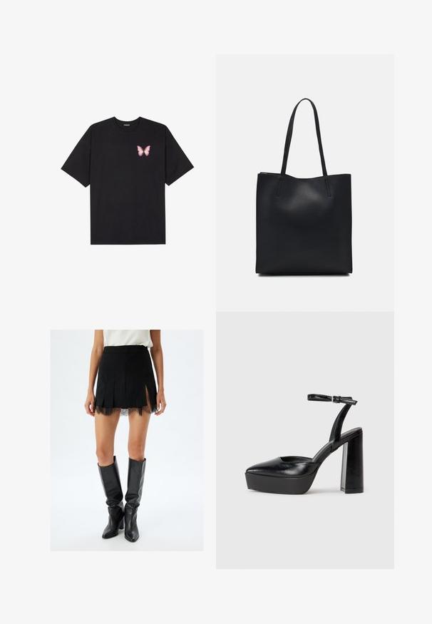 T-shirt en coton noir à manches courtes, avec un petit graphique de papillon rose sur la poitrine gauche. Modèle à col rond avec une coupe décontractée.; Jupe mini plissée noire avec un ourlet en dentelle, présentant des fentes latérales. Associée à des bottes en cuir noires jusqu'aux genoux.; Escarpins noirs à plateforme avec un bout pointu et une sangle réglable à la cheville. Conçus en cuir lisse, avec un large talon bloc.; Sac fourre-tout en cuir noir avec une texture lisse, de forme rectangulaire et deux longues poignées. Pas de matériel ou d'ornementations visibles.