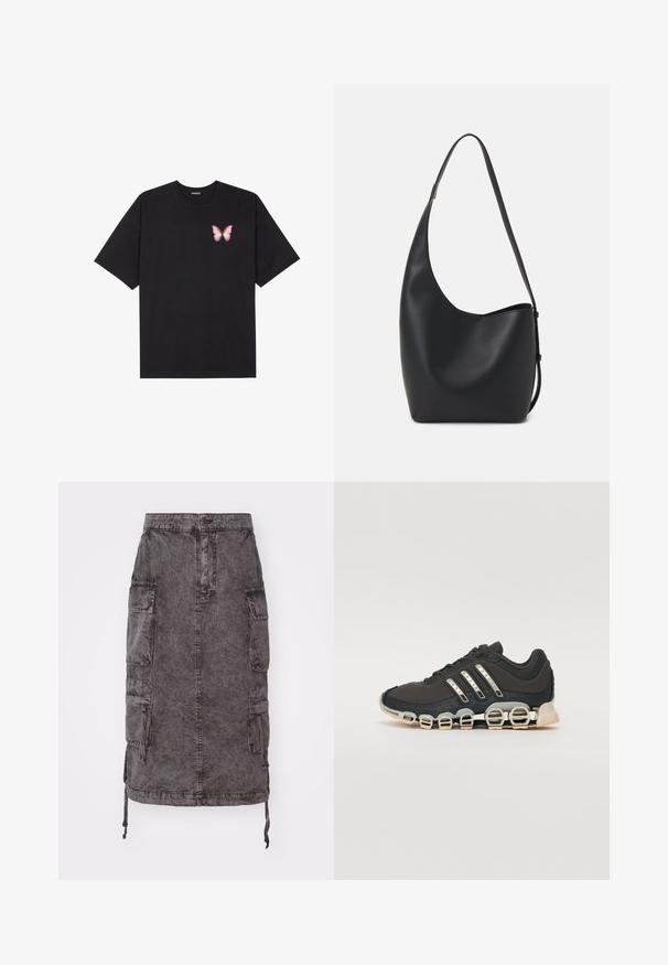 Fekete pamut póló rövid ujjakkal, bal mellkason egy kis rózsaszín pillangó grafikával. Kerek nyakú kialakítás, laza fazonnal.; Tépett fekete cargo farmer szoknya, térdövig érő, két oldalsó zsebbel, gombos záródással és állítható húzózsinórral az alján. Texturált felület.; Fekete sportcipő texturált felsőrésszel, három ezüst csíkkal, és egy jellegzetes párnázott talppal, amely több integrált szakaszból áll.; Fekete bőr hobo táska sima textúrával, ívelt formával és egyetlen állítható pánttal; széles nyílás található a tetején.