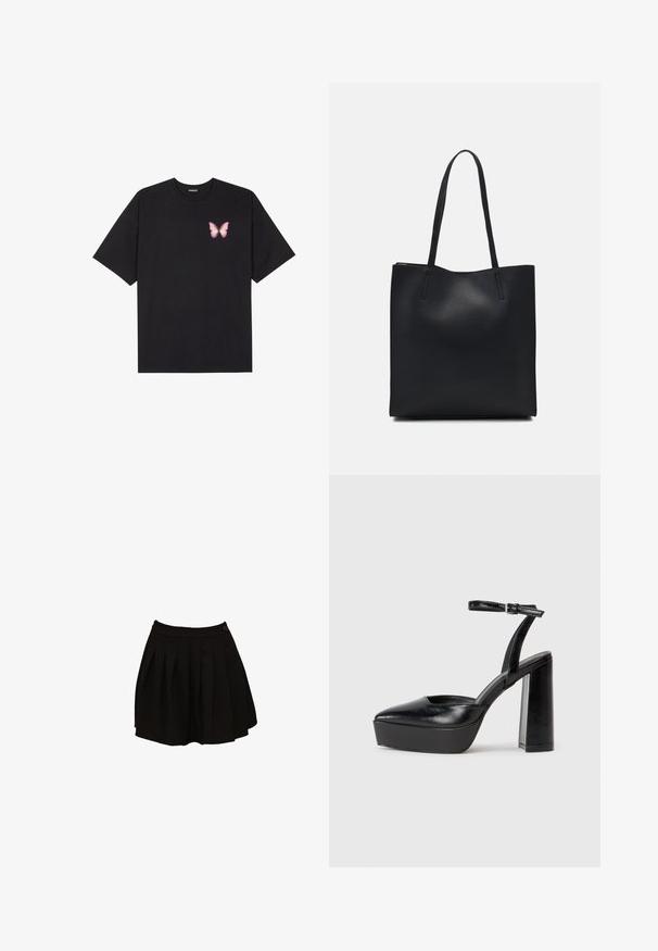 Must muströöpidega must puuvillane T-särk, vasakul rinnal on väike roosa liblikas. Ümar kaelus ja vabalt istuv lõige.; Must mustriga seelik, millel on sobiv vöökoht ja üks nupuvajutus. Materjal näeb välja sile ja kerge, loodud laiendatud silueti jaoks.; Mustad platvormi kontsad terava ninaga ja reguleeritava pahkluuraamiga. Valmistatud siledast nahast, funktsioneerib massiivse plokknäheeliga.; Mustast nahast kott sujuva tekstuuriga, ristkülikukujuline ja kahe pika sangaga. Pole nähtavat riistvara ega kaunistusi.