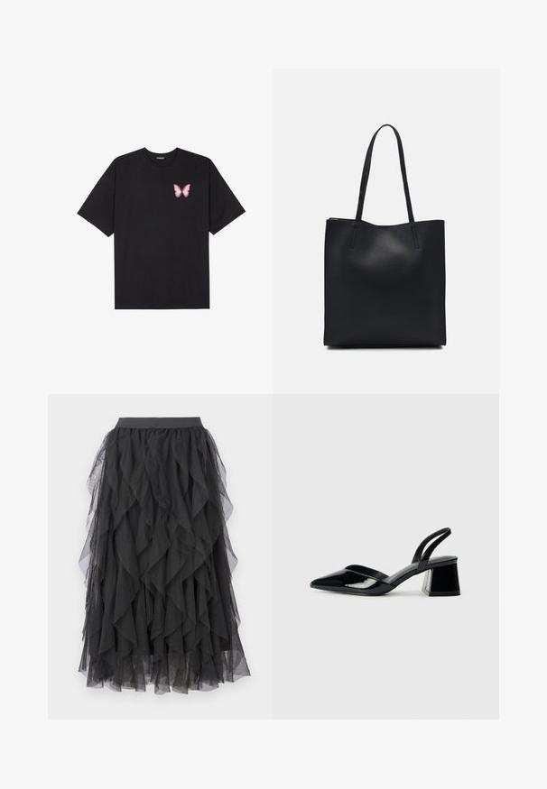 T-shirt de algodão preto com mangas curtas, apresentando um pequeno gráfico de borboleta rosa no lado esquerdo do peito. Design de gola redonda com um corte solto.; Saia de tule preta com um design de camadas e babados. Apresenta uma cintura elástica e uma textura transparente, criando uma silhueta fluida.; Sandy em verniz preto com salto slingback, ponta afilada e salto geométrico. Apresenta um design elegante e minimalista com textura suave.; Bolsa tote preta em couro com textura lisa, forma retangular e duas alças longas. Sem hardware ou enfeites visíveis.