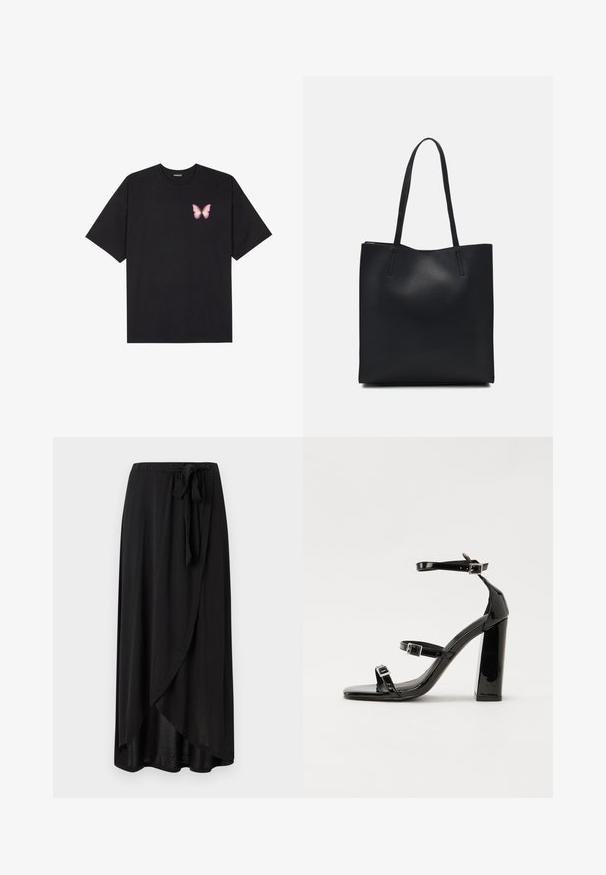 Čierne bavlnené tričko s krátkymi rukávmi, s malým ružovým motýlikom na ľavej hrudi. Design s okrúhlym výstrihom a uvoľneným strihom.; Čierna maxi sukňa z ľahkého materiálu, s prekrývajúcim dizajnom, nastaviteľným pásom a splývavým strihom so zaobleným lemom.; Čierne lakované sandále na podpätku so štvorcovou špičkou, navlečenými remienkami okolo členku a striebornými prackami. Disponujú masívnym blokovým podpätkom pre stabilitu.; Čierna kožená taška na rameno s hladkým povrchom, obdĺžnikovým tvarom a dvoma dlhými uchami. Bez viditeľného kovania alebo ozdôb.