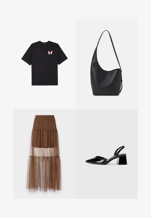 Black cotton t-shirt with short sleeves, featuring a small pink butterfly graphic on the left chest. Crew neck design with a relaxed fit.; Brown tiered skirt with an elastic waistband, featuring a mix of opaque and sheer fabric layers, creating a soft, textured appearance.; Black patent leather slingback heels with a pointed toe and a geometric block heel. Features a sleek, minimal design and smooth texture.; Black leather hobo bag with a smooth texture, curved shape, and single adjustable strap; features a wide opening at the top.