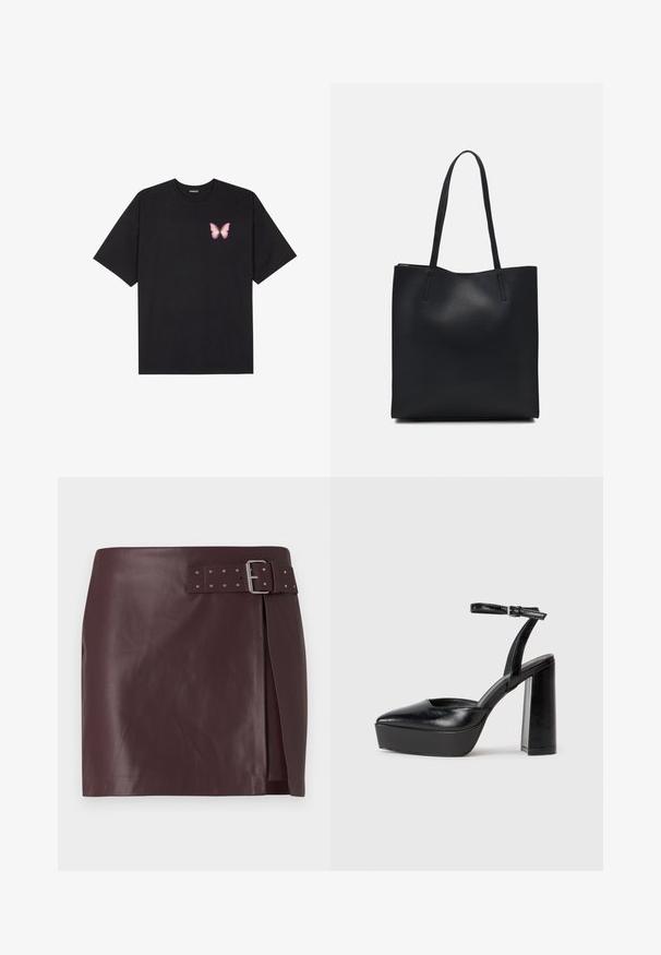 Černé bavlněné tričko s krátkým rukávem, na levém prsou s malou grafikou růžové motýlky. Design s kruhovým výstřihem a volným střihem.; Burgundská sukně z umělé kůže s opaskem a kovovou sponou, s bočním rozparkem a hladkým, lesklým povrchem.; Černé platformové podpatky s špičatou špičkou a nastavitelným kotníkovým popruhem. Vyrobeny z hladké kůže, s masivním blokovým podpatkem.; Černá kožená taška přes rameno s hladkým povrchem, obdélníkovým tvarem a dvěma dlouhými uchy. Žádné viditelné kování ani ozdoby.