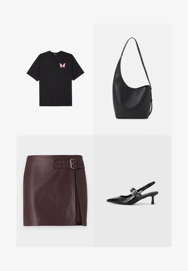 Svart bomulls T-skjorte med korte ermer, med en liten rosa sommerfugl grafikk på venstre bryst. Crew-neck design med en avslappet passform.; Burgunderfarget faux skinn skjørt med belte i midjen og metallspenne, med sidelåp og glatt, polert tekstur.; Svarte patent lær slingback hæler med spiss tå og en liten blokkheel, med en sølvspenne som detalj på stroppen.; Svart lær hobo-veske med glatt tekstur, buet form og enkelt justerbart stropp; har en bred åpning på toppen.