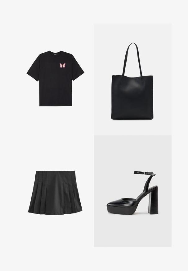 Zwarte katoenen t-shirt met korte mouwen, voorzien van een kleine roze vlinder graphic op de linkerkant van de borst. Crew neck ontwerp met een relaxte fit.; Zwarte geplooide minirok met een elastische tailleband. Gemaakt van zachte stof, met meerdere verticale plooien voor textuur en ontwerp.; Zwarte plateauhakken met een puntige neus en verstelbare enkelband. Gemaakt van soepel leer, met een robuuste blokhak.; Zwarte leren handtas met een gladde textuur, rechthoekige vorm en twee lange handvaten. Geen zichtbare hardware of versieringen.
