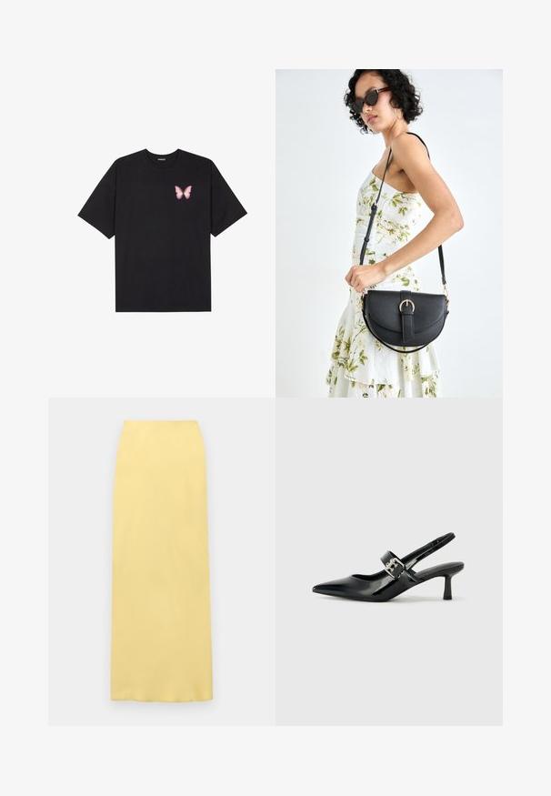 Svart bomulls T-skjorte med korte ermer, med en liten rosa sommerfugl grafikk på venstre bryst. Crew-neck design med en avslappet passform.; Gul midi skjørt laget av glatt stoff, med høy midje og rett silhuett, ingen synlige mønstre eller maskindetaljer.; Svarte patent lær slingback hæler med spiss tå og en liten blokkheel, med en sølvspenne som detalj på stroppen.; Svart lærveske med en buet form, avtagbar stropp og gullbeslag. Vesken har et klaff med spenne-detall.