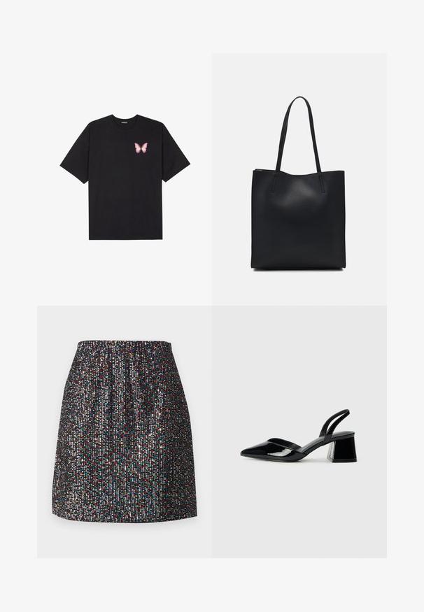 Čierne bavlnené tričko s krátkymi rukávmi, s malým ružovým motýlikom na ľavej hrudi. Design s okrúhlym výstrihom a uvoľneným strihom.; Čierna mini sukňa zdobená malými farebnými flitrami, s elastickým pásom, hladkou textúrou a rovnou siluetou.; Čierne lakované kožené sandálové podpätky s špicatou špičkou a geometrickým blokovým podpätkom. Disponujú elegantným, minimalistickým dizajnom a hladkým povrchom.; Čierna kožená taška na rameno s hladkým povrchom, obdĺžnikovým tvarom a dvoma dlhými uchami. Bez viditeľného kovania alebo ozdôb.
