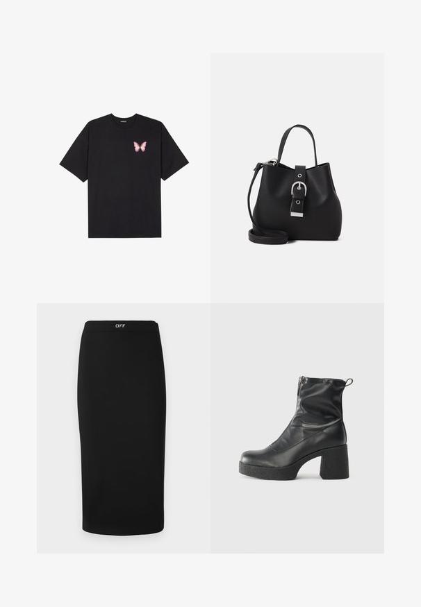 Fekete pamut póló rövid ujjakkal, bal mellkason egy kis rózsaszín pillangó grafikával. Kerek nyakú kialakítás, laza fazonnal.; Fekete midi szoknya, testhez simuló fazonnal, sima anyagból készült. Egyszerű dizájn jellemzi, és derékpántján "OFF" logó található.; Fekete bokacsizmák sima bőrből, oldalsó cipzárral, vastag, texturált sarkú és lekerekített orrú dizájnnal.; Fekete, sima bőrből készült vödör táska, amely strukturált formával, rövid fogantyúval és levehető vállpánttal rendelkezik. Ezüst csat részlet.