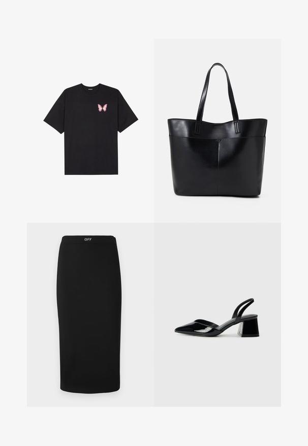 Tricou negru din bumbac cu mâneci scurte, având pe partea stângă a pieptului un mic grafic cu un fluture roz. Design cu guler rotund și croială lejeră.; Fustă midi neagră cu o siluetă ajustată, realizată dintr-un material neted. Dispune de un design simplu și o talie cu logo-ul "OFF".; Pantofi cu toc slingback din piele lacuită neagră, cu vârf ascuțit și toc geometric. Prezintă un design elegant, minimalist și o textură netedă.; Geantă oversized din piele neagră, cu două mânere lungi, de textură netedă și formă structurată. Are un buzunar frontal pentru stocare suplimentară.