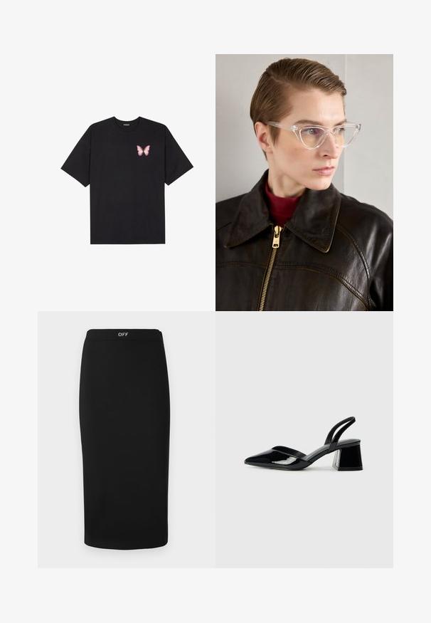 Melna kokvilnas T-krekls ar īsām piedurknēm, kuram priekšā kreisajā pusē ir neliels rozā tauriņa grafiskais attēls. Ar apaļu kaklu un brīvā stila piegriezumu.; Melnas midi svārki ar pieguļošu siluetu, izgatavoti no gludas auduma. Piedāvā vienkāršu dizainu un jostasvietu ar "OFF" logotipu.; Melna lakota āda ar atvērto papēdi, ar smailu purngalu un ģeometrisku blokpapēdi. Iezīmējas elegants, minimāls dizains un gluda tekstūra.; Caurspīdīgas acetāta kaķa acs brillēs ar dzeltenām lēcām, ko valkā persona tumšā ādas jakā un sarkanā augstajā apkaklē. Gluda tekstūra.; Melnas ādas rokassoma ar izliekta formu, noņemamu siksnu un zelta aksesuāriem. Somai ir vāciņš ar sprādzes detaļu.