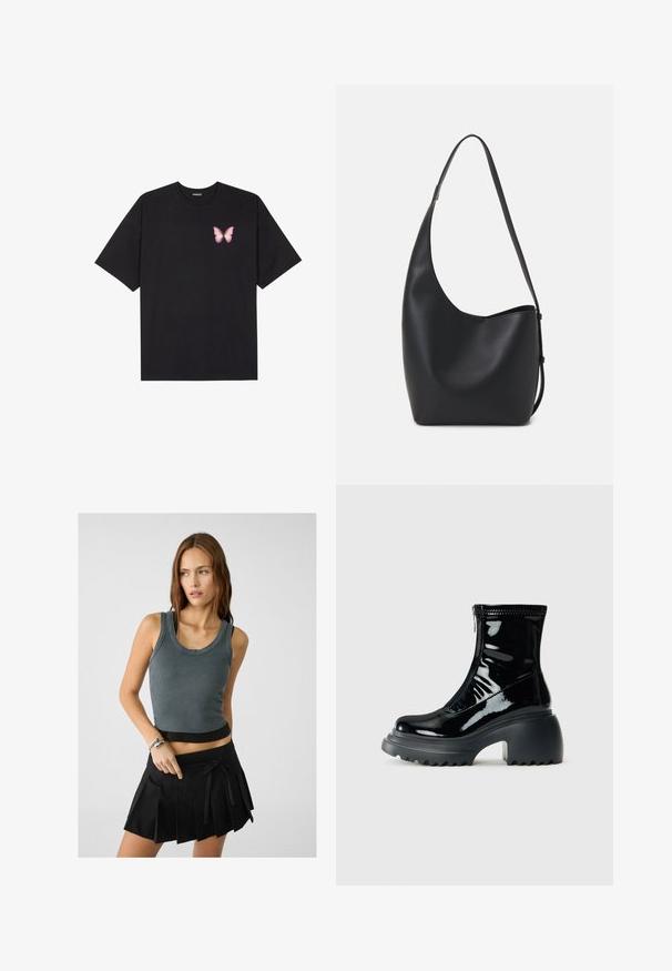 Černé bavlněné tričko s krátkým rukávem, na levém prsou s malou grafikou růžové motýlky. Design s kruhovým výstřihem a volným střihem.; Šedý žebrovaný top na ramínka s kulatým výstřihem a černým lemem, spárovaný s černou skládací minisukní s detailem vázání vpředu.; Lesklé černé platformové kotníkové boty s kulatou špičkou, masivním podpatkem, zipovým uzavřením a silnou vroubkovanou podrážkou na bílém pozadí.; Černá kožená hobo taška s hladkým povrchem, zakřiveným tvarem a jedním nastavitelným popruhem; má široké otevírání nahoře.