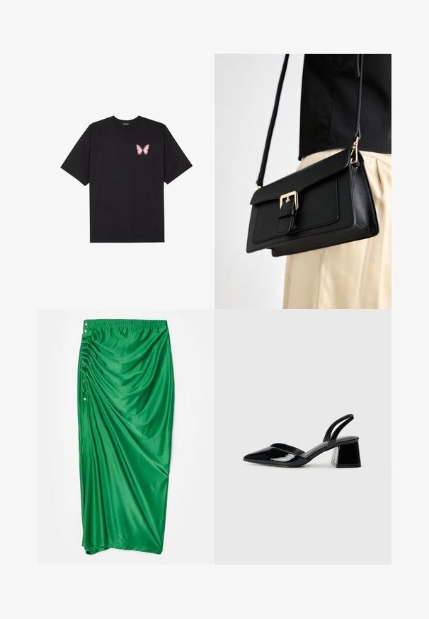Must muströöpidega must puuvillane T-särk, vasakul rinnal on väike roosa liblikas. Ümar kaelus ja vabalt istuv lõige.; Roheline satiinist maxi-seelik, millel on kogutud disain, viie dekoratiivse hõbedase nupuga küljel ja elastse vöökohaga.; Mustad musta lakknahk kingad, millel on terav varvas ja geomeetriline plokkkonts. Omab elegantselt minimalistlikku disaini ja sujuvat tekstuuri.; Mustade kunstnahast käekott, millel on kullatooni lukustus, lame disain ja reguleeritav rihm, esitatud heleda tausta ees.