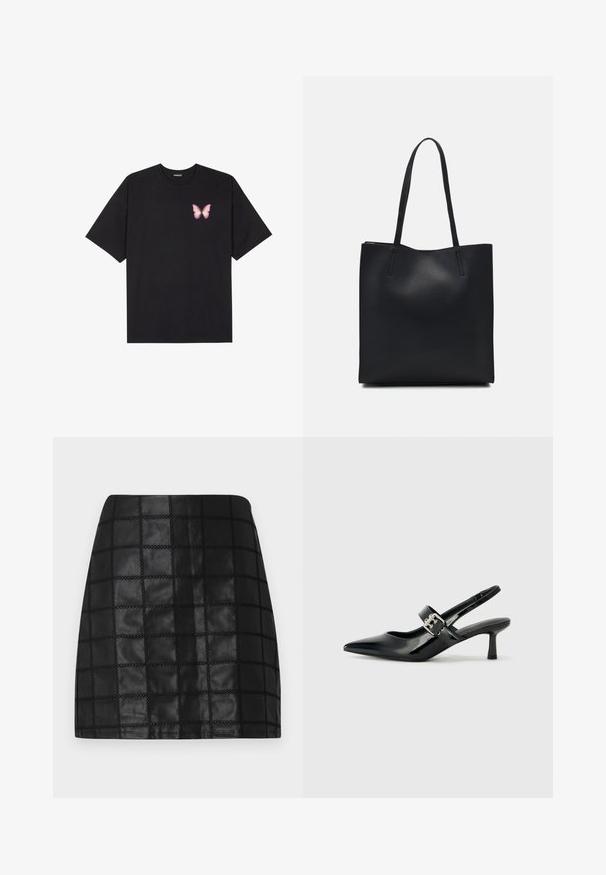 Črna bombažna majica s kratkimi rokavi, ki ima majhen roza metuljček na levi strani prsnega dela. Majica s krožnim ovratnikom in sproščenim krojem.; Črna usnjena mini krilo z teksturiranim mrežastim vzorcem, ki vključuje poudarjeno šivanje in ožjo silhueto. Gladek zaključek izpopolnjuje obliko.; Črne patent usnjene slingback pete s koničastim nosom in majhnim blok peto, ki vključujejo srebrno zaponko na traku.; Črna usnjena torba s svilnato teksturo, pravokotne oblike in dvema dolgima ročajema. Brez vidnih metalnih delov ali okrasnih elementov.