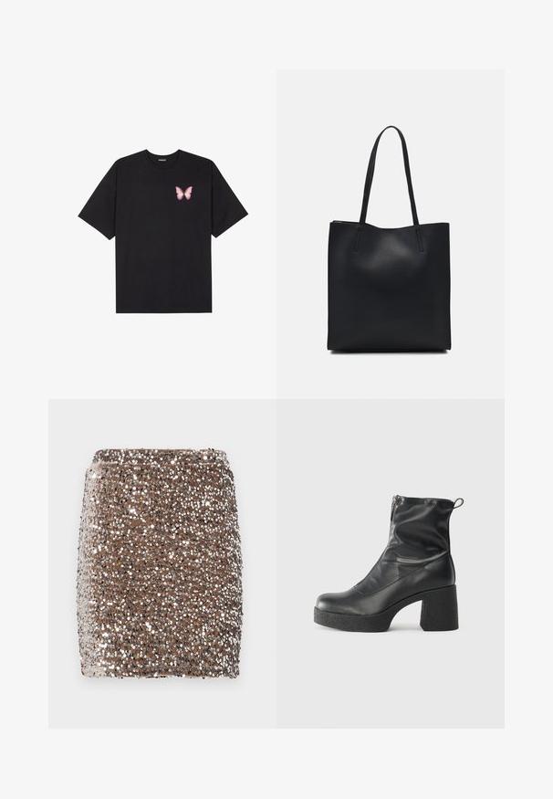 T-shirt de algodão preto com mangas curtas, apresentando um pequeno gráfico de borboleta rosa no lado esquerdo do peito. Design de gola redonda com um corte solto.; Mini saia castanha decorada com lantejoulas, com um design justinho, coberta de lantejoulas prateadas refletoras, criando um efeito texturizado e cintilante.; Botas de tornozelo pretas feitas de couro liso, com fecho lateral, salto grosso texturizado e design de bico arredondado.; Bolsa tote preta em couro com textura lisa, forma retangular e duas alças longas. Sem hardware ou enfeites visíveis.