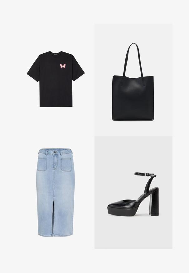 Czarny bawełniany t-shirt z krótkim rękawem, z małym różowym motylkiem na lewej piersi. Klasyczny dekolt z luźnym fasonem.; Jasnoniebieska dżinsowa spódnica midi z przodu z rozcięciem, pięcioma kieszeniami oraz dopasowaną talią z pętelkami na pasek i zapięciem na guzik.; Czarne platformy na wysokim obcasie z szpiczastym noskiem i regulowanym paskiem na kostkę. Wykonane z gładkiej skóry, z grubym słupkowym obcasem.; Czarna skórzana torba tote o gładkiej fakturze, prostokątnym kształcie i dwóch długich uchwytach. Brak widocznych elementów metalowych i ozdób.