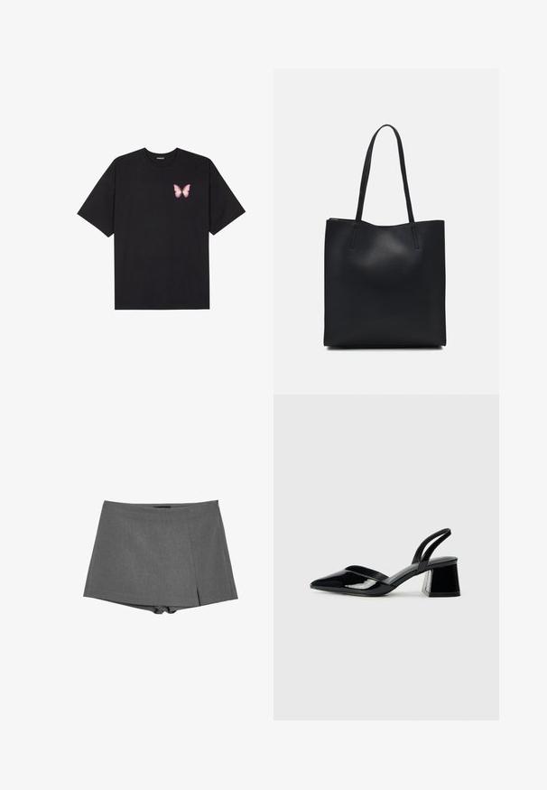 Schwarzes Baumwoll-T-Shirt mit kurzen Ärmeln, das ein kleines pinkes Schmetterlingsmotiv auf der linken Brust zeigt. Crewneck-Design mit einem entspannten Schnitt.; Graue strukturierte Shorts mit maßgeschneidertem Design, ausgestattet mit einem seitlichen Reißverschluss und einem subtilen Faltenwurf für zusätzliche Details. Hergestellt aus einem glatten Stoff.; Schwarze Lackleder-Slingback-High Heels mit spitzem Schuh und einem geometrischen Blockabsatz. Verfügt über ein schlankes, minimalistisches Design und eine glatte Textur.; Schwarze Laptoptasche aus Leder mit glatter Textur, rechteckiger Form und zwei langen Griffen. Keine sichtbaren Beschläge oder Verzierungen.