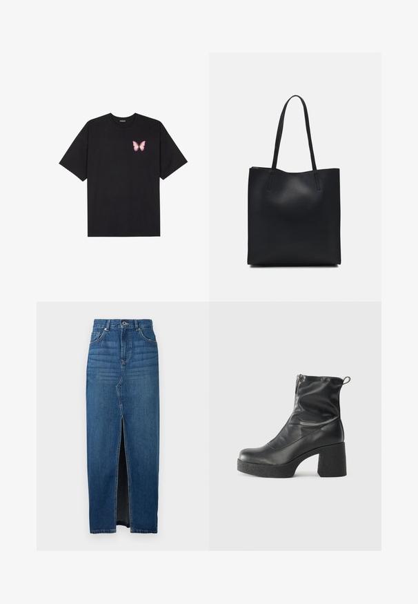 Melna kokvilnas T-krekls ar īsām piedurknēm, kuram priekšā kreisajā pusē ir neliels rozā tauriņa grafiskais attēls. Ar apaļu kaklu un brīvā stila piegriezumu.; Tumši zila džinsu svārki ar priekšējo šķēlumu, augstu jostasvietu un piecu kabatu dizainu. Izgatavoti no izturīgas džinsu auduma ar redzamām šuvēm.; Melni potītes zābaki, kas izgatavoti no gludas ādas, ar sānu rāvējslēdzēju, masīvu strukturētu papēdi un noapaļotu purngalu.; Melnas ādas somiņa ar gludu tekstūru, taisnstūra formu un divām garām rokturiem. Nav redzamu aparatūras vai rotājumu.