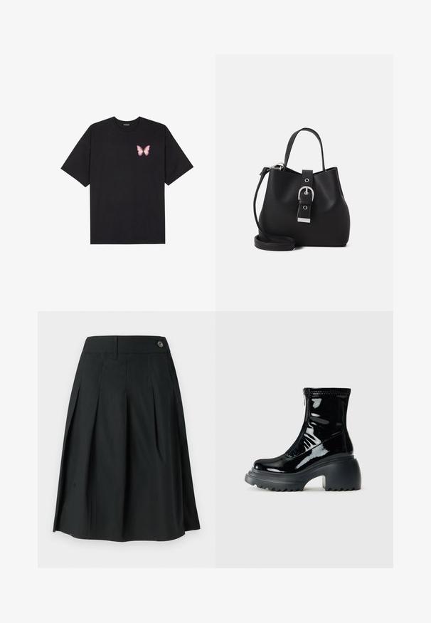 Must muströöpidega must puuvillane T-särk, vasakul rinnal on väike roosa liblikas. Ümar kaelus ja vabalt istuv lõige.; Mustmustärane plisseeritud seelik, mis on valmistatud kerge kangaga, omab nööpklappi, sileda tekstuuri ja A-liini siluetti.; Läikiv must platvormi sääresti saabas ümarate varvastega, jämeda kanna, lukuga ja paksu soonilise tallaga valge tausta ees.; Must beeblast nöörkott, mis on valmistatud siledast nahast, millel on struktureeritud kuju, lühike sang ja eemaldatav õlarihm. Hõbedane pandlakaunistus.