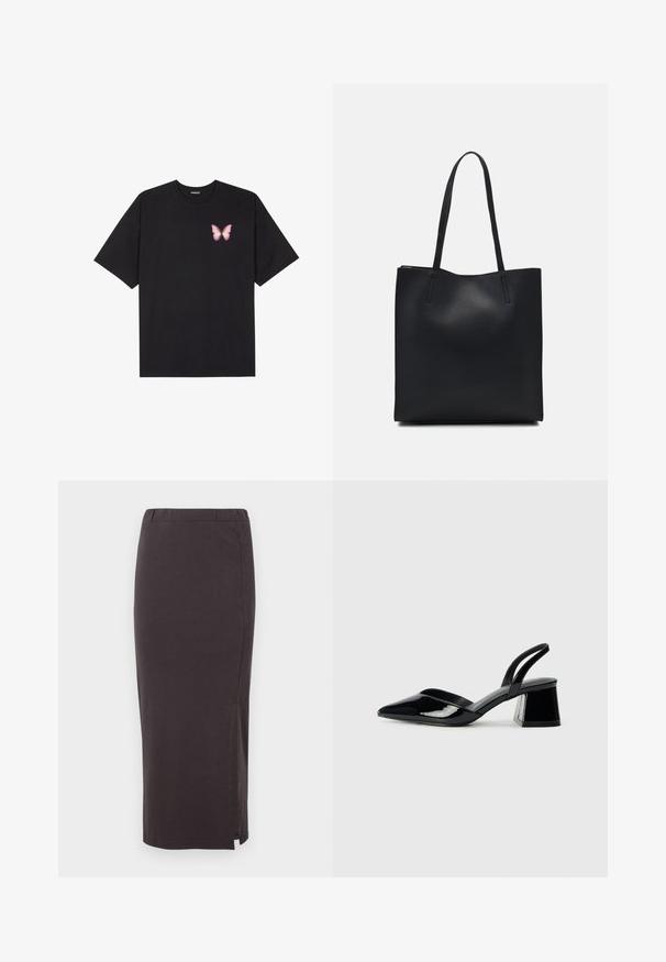 Fekete pamut póló rövid ujjakkal, bal mellkason egy kis rózsaszín pillangó grafikával. Kerek nyakú kialakítás, laza fazonnal.; Hosszú, sötétszürke, elasztikus derekú nyújtott szoknya, oldalsó hasítékkal a mozgás könnyebbsége érdekében, sima, puha textúrával.; Fekete lakk bőr szandálkés magas sarkú cipő, hegyes orral és geometrikus tömbsarkakkal. Karcsú, minimalista dizájn és sima textúra jellemzi.; Fekete bőrtáska sima felszínnel, téglalap alakú, két hosszú füllel. Nincs látható fémkiegészítő vagy díszítés.