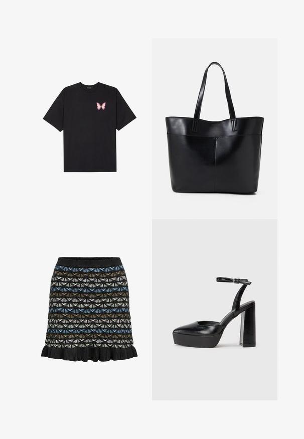 Schwarzes Baumwoll-T-Shirt mit kurzen Ärmeln, das ein kleines pinkes Schmetterlingsmotiv auf der linken Brust zeigt. Crewneck-Design mit einem entspannten Schnitt.; Strickrock mit geometrischem Muster in Schwarz, Blau, Braun und Weiß, mit gewelltem Saum und elastischem Bund.; Schwarze Plateau-High Heels mit spitzem Zeh und verstellbarem Knöchelriemen. Gefertigt aus glattem Leder und mit einem klobigen Blockabsatz.; Schwarze Leder-Shopper-Tasche mit zwei langen Griffen, einer glatten Textur und einer strukturierten Form. Verfügt über eine Vordertasche für zusätzlichen Stauraum.