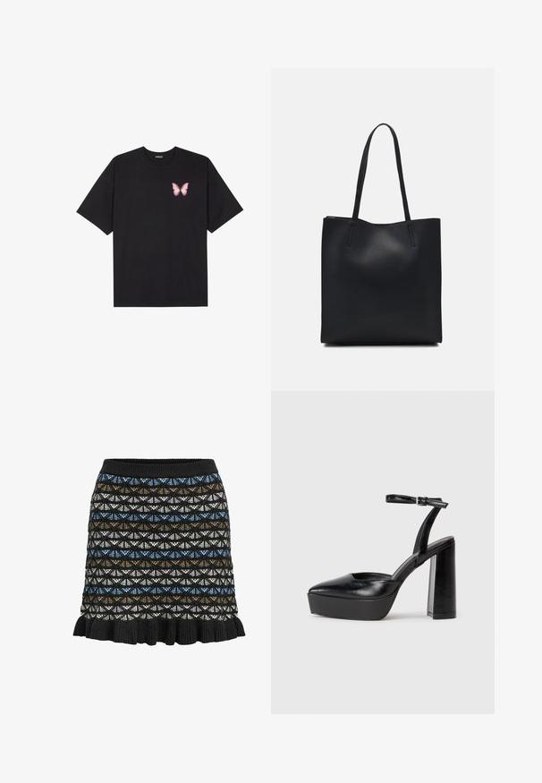 Svart bomulls T-skjorte med korte ermer, med en liten rosa sommerfugl grafikk på venstre bryst. Crew-neck design med en avslappet passform.; Strikket skjørt med geometrisk mønster i svart, blått, brunt og hvitt, med volangkant og elastisk midjebånd.; Sorte plattformhelter med spiss tå og justerbar ankelrem. Laget av glatt lær, med en robust blokkhel.; Svart lær tote bag med glatt tekstur, rektangulær form og to lange håndtak. Ingen synlige deler eller dekorasjoner.