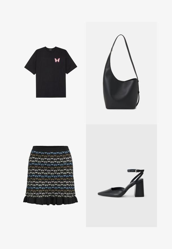 Melna kokvilnas T-krekls ar īsām piedurknēm, kuram priekšā kreisajā pusē ir neliels rozā tauriņa grafiskais attēls. Ar apaļu kaklu un brīvā stila piegriezumu.; Adīta svārku kleita ar ģeometrisku rakstu melnā, zilā, brūnā un baltā krāsā, ar volānu apakšpusi un elastīgu jostasvietu.; Melna ādas augstpapēžu kurpe ar norakstīto purngala formu, potītes siksniņu un masīlu papēdi. Gluda tekstūra, elegants dizains un minimālisma estētika.; Melnas ādas hobo soma ar gludu tekstūru, izliekta forma un vienu regulējamu jostu; augšā ir plaša atvere.