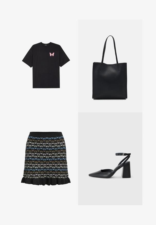 T-shirt en coton noir à manches courtes, avec un petit graphique de papillon rose sur la poitrine gauche. Modèle à col rond avec une coupe décontractée.; Jupe tricotée avec un motif géométrique en noir, bleu, brun et blanc, avec un ourlet volanté et une taille élastique.; Escarpin noir en cuir à bout pointu avec une bride de cheville et un talon épais. Texture lisse, design élégant et esthétique minimaliste.; Sac fourre-tout en cuir noir avec une texture lisse, de forme rectangulaire et deux longues poignées. Pas de matériel ou d'ornementations visibles.