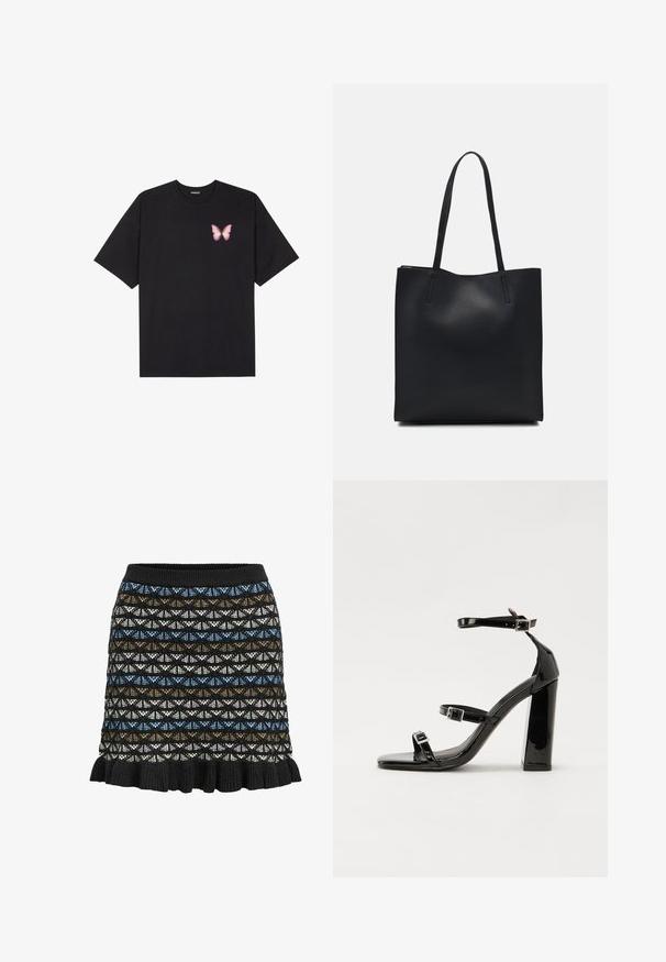 Black cotton t-shirt with short sleeves, featuring a small pink butterfly graphic on the left chest. Crew neck design with a relaxed fit.; Knitted skirt featuring a geometric pattern in black, blue, brown, and white, with a ruffled hem and elastic waistband.; Black patent heeled sandals with a square toe, ankle straps, and silver buckles. Features a chunky block heel for stability.; Black leather tote bag with smooth texture, rectangular shape, and two long handles. No visible hardware or embellishments.