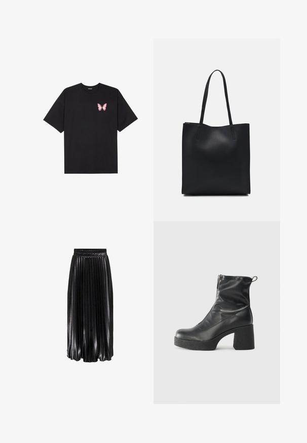 Melna kokvilnas T-krekls ar īsām piedurknēm, kuram priekšā kreisajā pusē ir neliels rozā tauriņa grafiskais attēls. Ar apaļu kaklu un brīvā stila piegriezumu.; Melnas plīšojošas midi svārki ar spīdīgu apdari, elastīgu jostu un izteiktām vertikālām krokām, kas nodrošina teksturētu un plūstošu izskatu.; Melni potītes zābaki, kas izgatavoti no gludas ādas, ar sānu rāvējslēdzēju, masīvu strukturētu papēdi un noapaļotu purngalu.; Melnas ādas somiņa ar gludu tekstūru, taisnstūra formu un divām garām rokturiem. Nav redzamu aparatūras vai rotājumu.