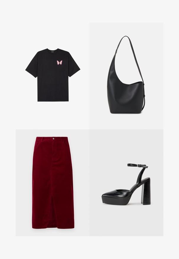 Must muströöpidega must puuvillane T-särk, vasakul rinnal on väike roosa liblikas. Ümar kaelus ja vabalt istuv lõige.; Burgundi värvi korgmaterjalist seelik otse lõikega, ees avaga, vööpaeltega ja kahe taskuga, esise kinnitusega nööbi abil.; Mustad platvormi kontsad terava ninaga ja reguleeritava pahkluuraamiga. Valmistatud siledast nahast, funktsioneerib massiivse plokknäheeliga.; Mustast nahast hobo kott, millel on sile tekstuur, kumer kuju ja üks reguleeritav rihm; peal on lai avaus.