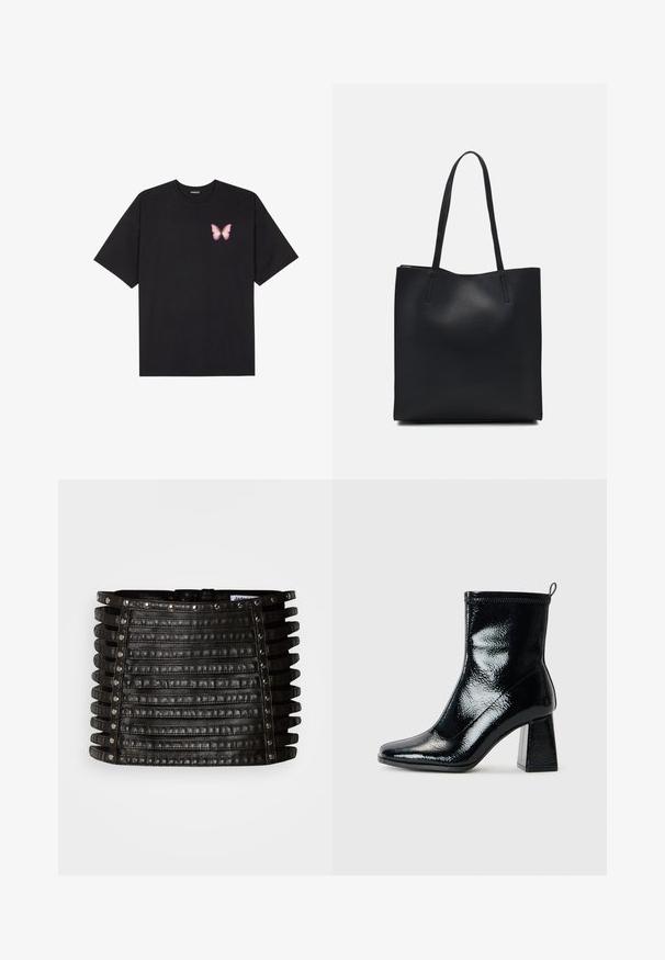 Tricou negru din bumbac cu mâneci scurte, având pe partea stângă a pieptului un mic grafic cu un fluture roz. Design cu guler rotund și croială lejeră.; Fustă mini din piele neagră, cu detalii din curele orizontale și ținte argintii de-a lungul marginii superioare și pe părțile verticale.; Botine negre din patent, cu vârf pătrat și toc geometric masiv. Prezintă o textură netedă și lucioasă și o bandă de prindere la spate pentru a fi ușor de purtat.; Geantă tote neagră din piele, cu textură netedă, formă rectangulară și două mânere lungi. Fără hardware vizibil sau ornamente.