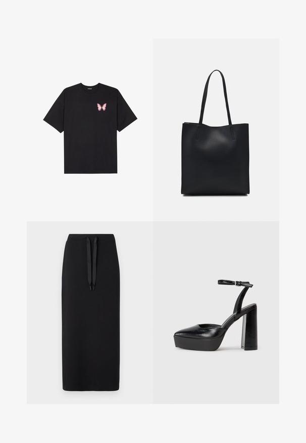 Črna bombažna majica s kratkimi rokavi, ki ima majhen roza metuljček na levi strani prsnega dela. Majica s krožnim ovratnikom in sproščenim krojem.; Črna midi krila iz mehke tkanine, s pasom na vrvico. Enostaven dizajn s ravno silhueto in brez dodatnih vzorcev.; Črne platforme z visokimi petami in koničastim nosom ter nastavljivim gležnjenjskim trakom. Narejene iz gladke usnje, s kockasto peto.; Črna usnjena torba s svilnato teksturo, pravokotne oblike in dvema dolgima ročajema. Brez vidnih metalnih delov ali okrasnih elementov.