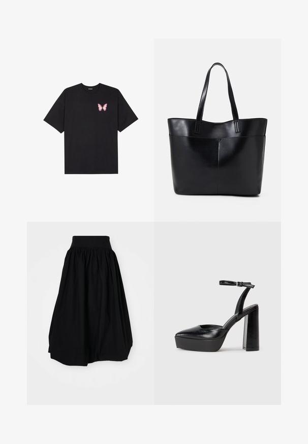 Črna bombažna majica s kratkimi rokavi, ki ima majhen roza metuljček na levi strani prsnega dela. Majica s krožnim ovratnikom in sproščenim krojem.; Črna krila do kolen, izdelana iz lahkega materiala; ima širok, elastičen pas in nabrano teksturo po celotni površini.; Črne platforme z visokimi petami in koničastim nosom ter nastavljivim gležnjenjskim trakom. Narejene iz gladke usnje, s kockasto peto.; Črna usnjena torba z dvema dolgima ročajema, gladko teksturo in strukturirano obliko. Ima sprednji žep za dodatno shranjevanje.