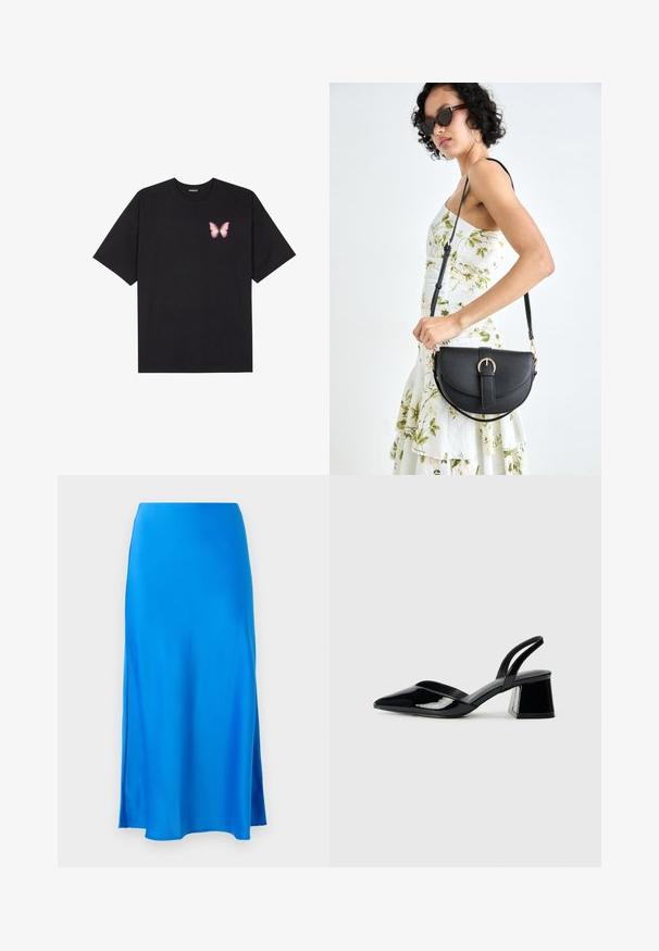 Black cotton t-shirt with short sleeves, featuring a small pink butterfly graphic on the left chest. Crew neck design with a relaxed fit.; Blue satin maxi skirt with a smooth texture, slightly A-line shape, and side slit, offering a flowy silhouette.; Black patent leather slingback heels with a pointed toe and a geometric block heel. Features a sleek, minimal design and smooth texture.; Black leather handbag with a curved shape, detachable strap, and gold hardware. The bag features a flap with a buckle detail.