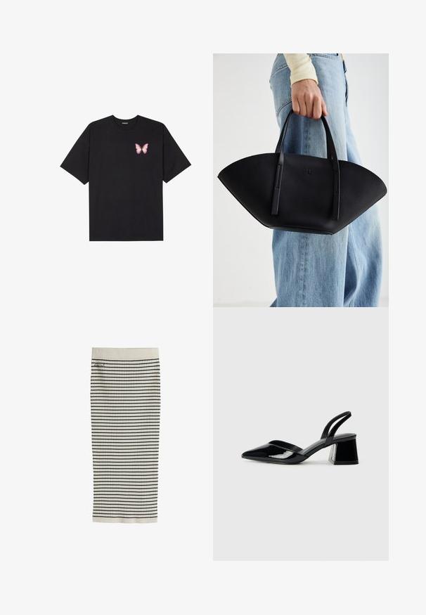 Fekete pamut póló rövid ujjakkal, bal mellkason egy kis rózsaszín pillangó grafikával. Kerek nyakú kialakítás, laza fazonnal.; Tejkrém színű bordázott kötött szoknya vízszintes fekete csíkokkal és egy kis hímzett logóval a deréknál.; Fekete lakk bőr szandálkés magas sarkú cipő, hegyes orral és geometrikus tömbsarkakkal. Karcsú, minimalista dizájn és sima textúra jellemzi.; Fekete bőr kézitáska egyedi legyezőformával, lapos füllel. A felülete kőriszerű textúrájú és minimalista dizájnnal rendelkezik.