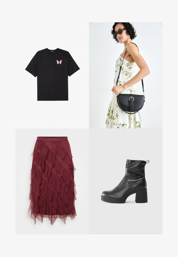Svart bomulls T-skjorte med korte ermer, med en liten rosa sommerfugl grafikk på venstre bryst. Crew-neck design med en avslappet passform.; Burgunderfarget lagdelt tyllskjørt med en tettsittende midje, som har volanglag som skaper et teksturert utseende og bevegelse.; Svarte ankelstøvler laget av glatt lær, med glidelås på siden, chunky strukturert hæl, og rund tå-design.; Svart lærveske med en buet form, avtagbar stropp og gullbeslag. Vesken har et klaff med spenne-detall.