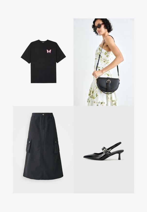T-shirt de algodão preto com mangas curtas, apresentando um pequeno gráfico de borboleta rosa no lado esquerdo do peito. Design de gola redonda com um corte solto.; Saia preta até meio da panturrilha, feita de tecido leve, com um cós elástico, dois bolsos cargo e um brilho subtil.; Saltos slingback em verniz preto com bico pontiagudo e um pequeno salto bloco, apresentando um detalhe de fivela prateada na tira.; Bolsa de couro preta com forma curva, alça destacável e detalhes em dourado. A bolsa possui uma aba com detalhe de fivela.