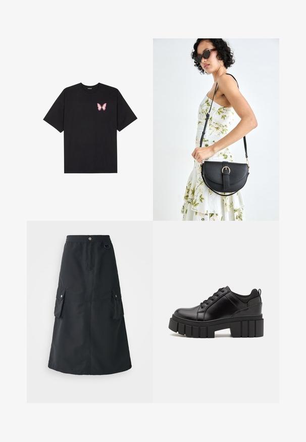 Juodas medvilnės marškinėliai trumpomis rankovėmis, su maža rožine drugelio grafika kairėje krūtinės pusėje. Apvalus kaklo iškirpimas, laisvas kirpimas.; Juodas sijonas iki vidurio blauzdų, pagamintas iš lengvos medžiagos, su elastinga juosmens juosta, dviem šoninėmis kišenėmis ir subtiliu blizgesiu.; Juodi odiniai platformos batai su masyviu blokuota kulniuku, apvalia nosimi ir tradiciniu šnypštimo dizainu. Turintys glotnų paviršių ir minimalų dekoravimą.; Juodas odinis krepšys su išlenkta forma, nuimamu dirželiu ir auksiniais detalėmis. Krepšys turi kilpą su sagtimi.