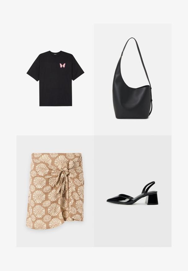 Fekete pamut póló rövid ujjakkal, bal mellkason egy kis rózsaszín pillangó grafikával. Kerek nyakú kialakítás, laza fazonnal.; Barna mintás rakott szoknya, nagy krém színű virágmintákkal, a derekán csomóra kötve, könnyű anyagból készült.; Fekete lakk bőr szandálkés magas sarkú cipő, hegyes orral és geometrikus tömbsarkakkal. Karcsú, minimalista dizájn és sima textúra jellemzi.; Fekete bőr hobo táska sima textúrával, ívelt formával és egyetlen állítható pánttal; széles nyílás található a tetején.