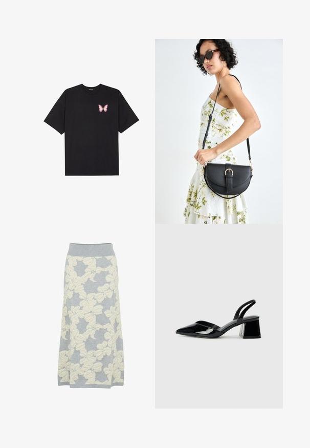 Melna kokvilnas T-krekls ar īsām piedurknēm, kuram priekšā kreisajā pusē ir neliels rozā tauriņa grafiskais attēls. Ar apaļu kaklu un brīvā stila piegriezumu.; Pelēka adīta svārku ar teksturētu krēmkrāsas ziedu rakstu, ar pieguļošu jostu un brīvi plūstošu A-līnijas dizainu.; Melna lakota āda ar atvērto papēdi, ar smailu purngalu un ģeometrisku blokpapēdi. Iezīmējas elegants, minimāls dizains un gluda tekstūra.; Melnas ādas rokassoma ar izliekta formu, noņemamu siksnu un zelta aksesuāriem. Somai ir vāciņš ar sprādzes detaļu.